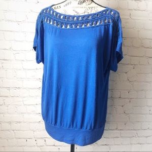 AB Studio Blue Waffle Neckline Top